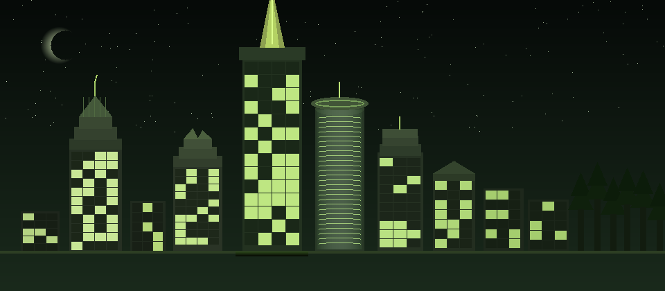 Atlanta skyline at night — Bank of America Plaza gold spire, Westin Peachtree cylinder, One Atlantic Center Gothic crown, pine trees — Islamic prayer times