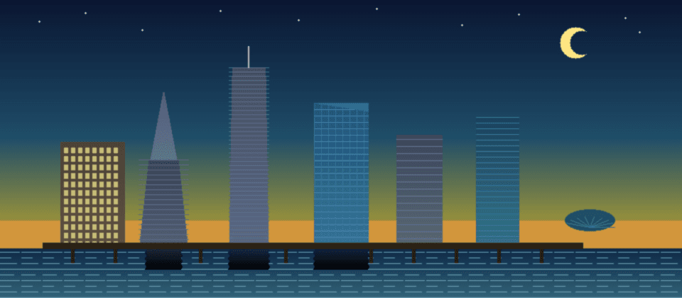 Baltimore Inner Harbor skyline at night — World Trade Center, Transamerica pyramid tower, Legg Mason glass tower, harbour water reflections — Islamic prayer times