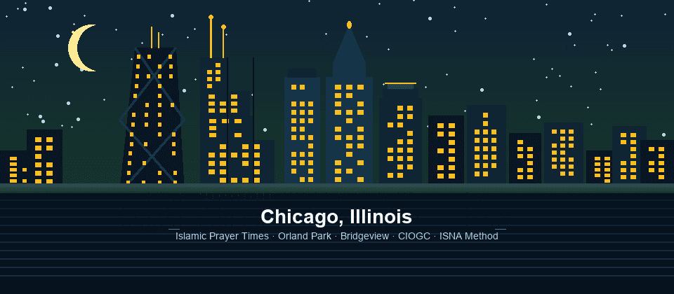Chicago Illinois skyline at night — Willis Tower, John Hancock, Lake Michigan — Islamic prayer times