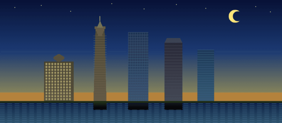 Columbus Ohio skyline — LeVeque Art Deco tower, One Nationwide Plaza, Scioto River reflections — Islamic prayer times