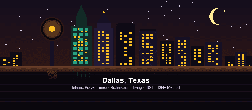 Dallas skyline at night — Reunion Tower geodesic ball, Bank of America Plaza, Fountain Place — Islamic prayer times