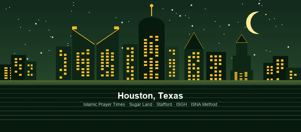 Houston Texas skyline at night with crescent moon — Islamic prayer times