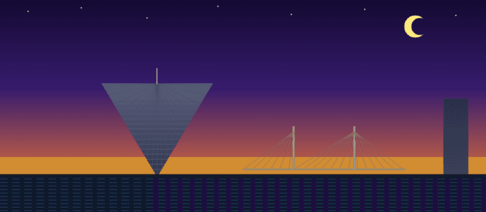 Memphis skyline — Memphis Pyramid Arena glass triangle, Hernando de Soto Bridge cables, Mississippi River — Islamic prayer times