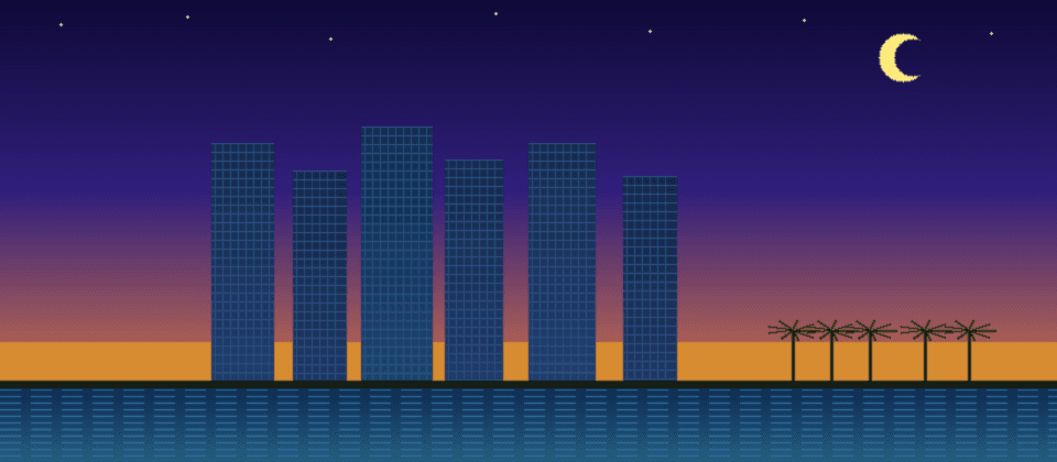 Miami Brickell glass towers, Biscayne Bay, palm trees — Islamic prayer times