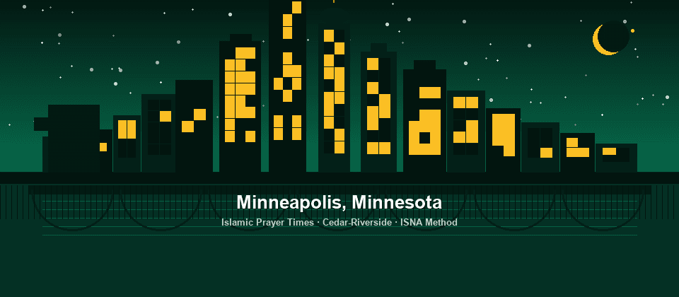 Minneapolis skyline at night with IDS Center, Stone Arch Bridge, and crescent moon — Islamic prayer times illustration