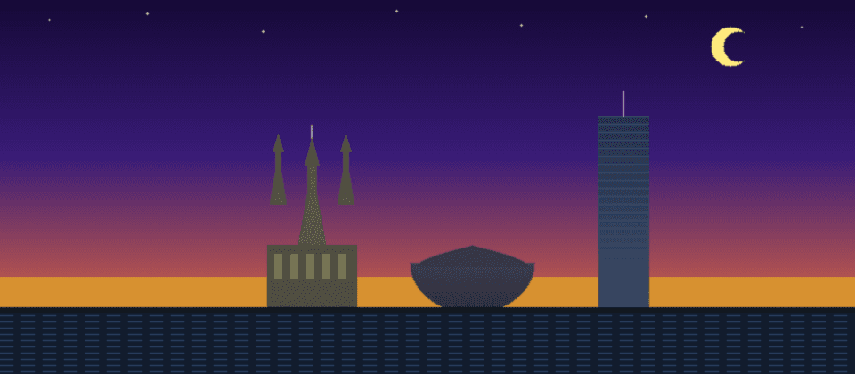 New Orleans skyline — St. Louis Cathedral triple spires, Caesars Superdome, One Shell Square, Mississippi River — Islamic prayer times