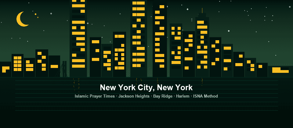 Stylized New York City skyline at night with a crescent moon and lit windows.
