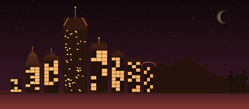 Phoenix skyline at night — Chase Tower angled crown, Camelback Mountain silhouette, saguaro cactus, Sonoran desert — Islamic prayer times