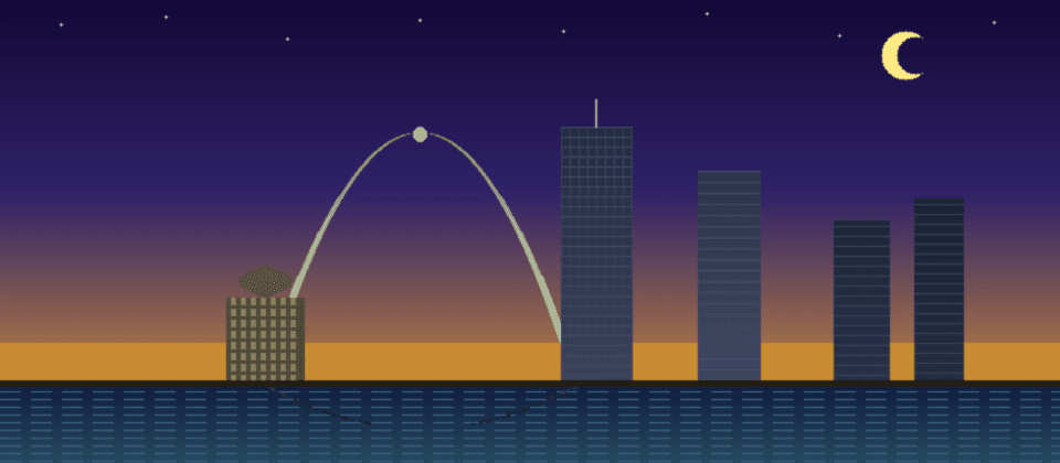 St. Louis Gateway Arch parabolic curve, Old Courthouse dome, One Metropolitan Square, Mississippi River — Islamic prayer times