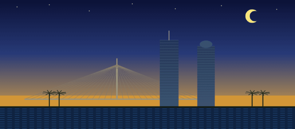 Tampa Florida skyline — Sunshine Skyway Bridge cable-stayed span, Bank of America Plaza, 100 N Tampa circular crown, palm trees, Tampa Bay — Islamic prayer times